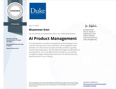 AI Product Management specialization certificate, Duke University