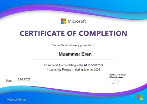 Certificate of completion, AI Innovators Internship Program, Microsoft Türkiye