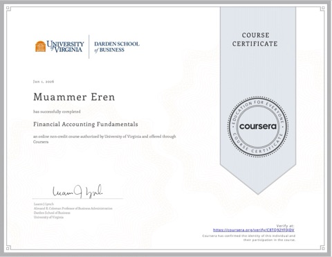 Financial Accounting Fundamentals course certificate, University of Virginia